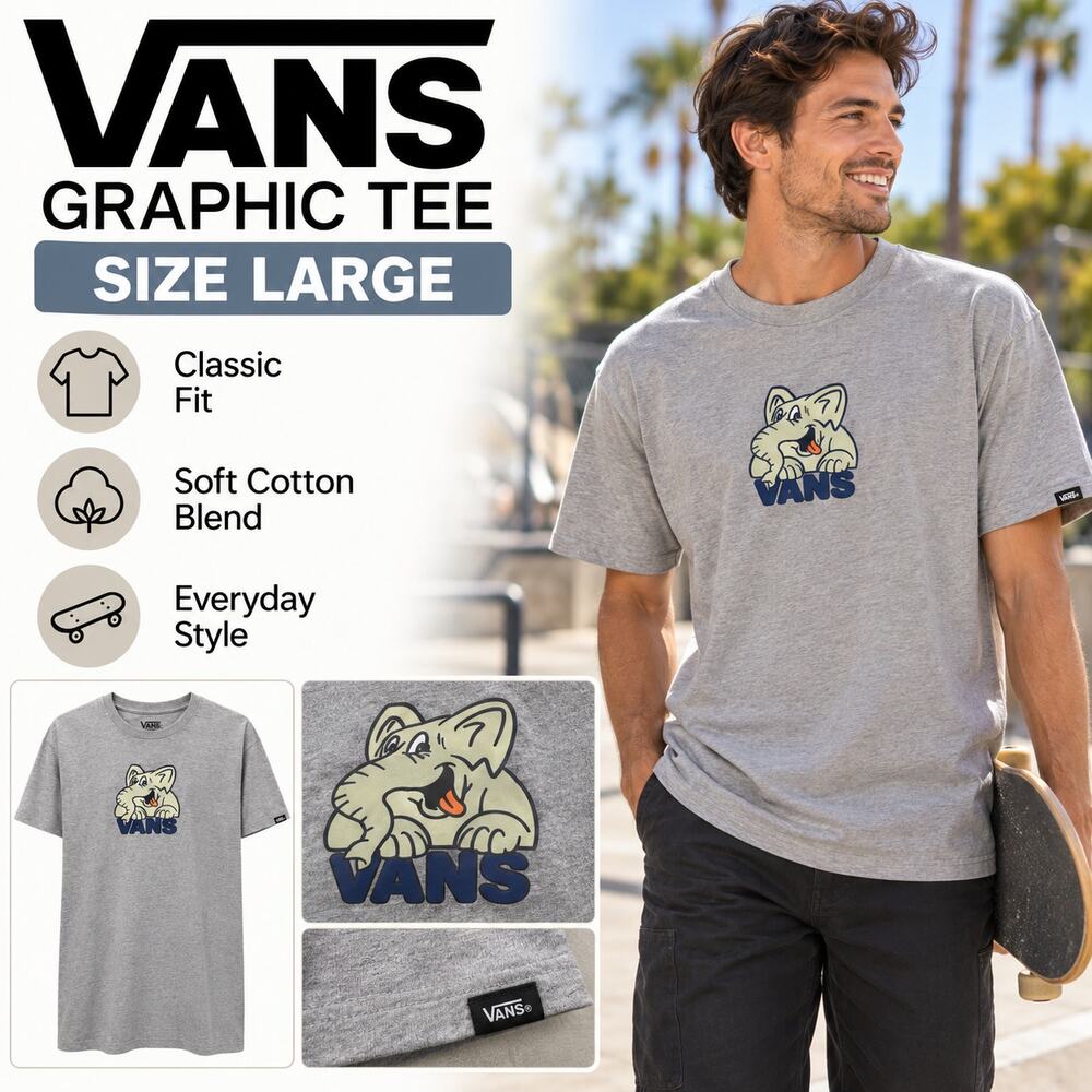 Vans T-Shirt Large Heather Gray SVD Mascot Elephant Graphic Classic Fit NWT